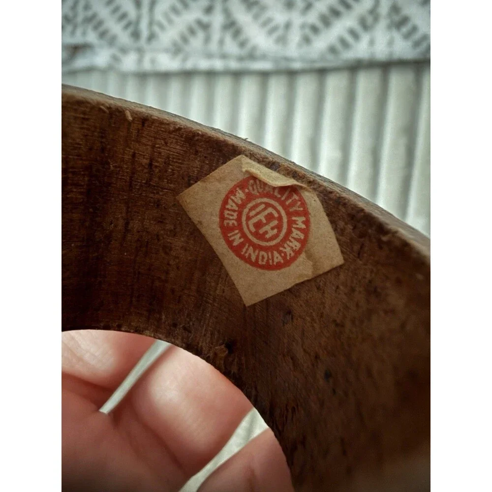 Vintage 1960s India Wood Napkin Rings Brass Clover Inlay Set of 4 Hand Carved